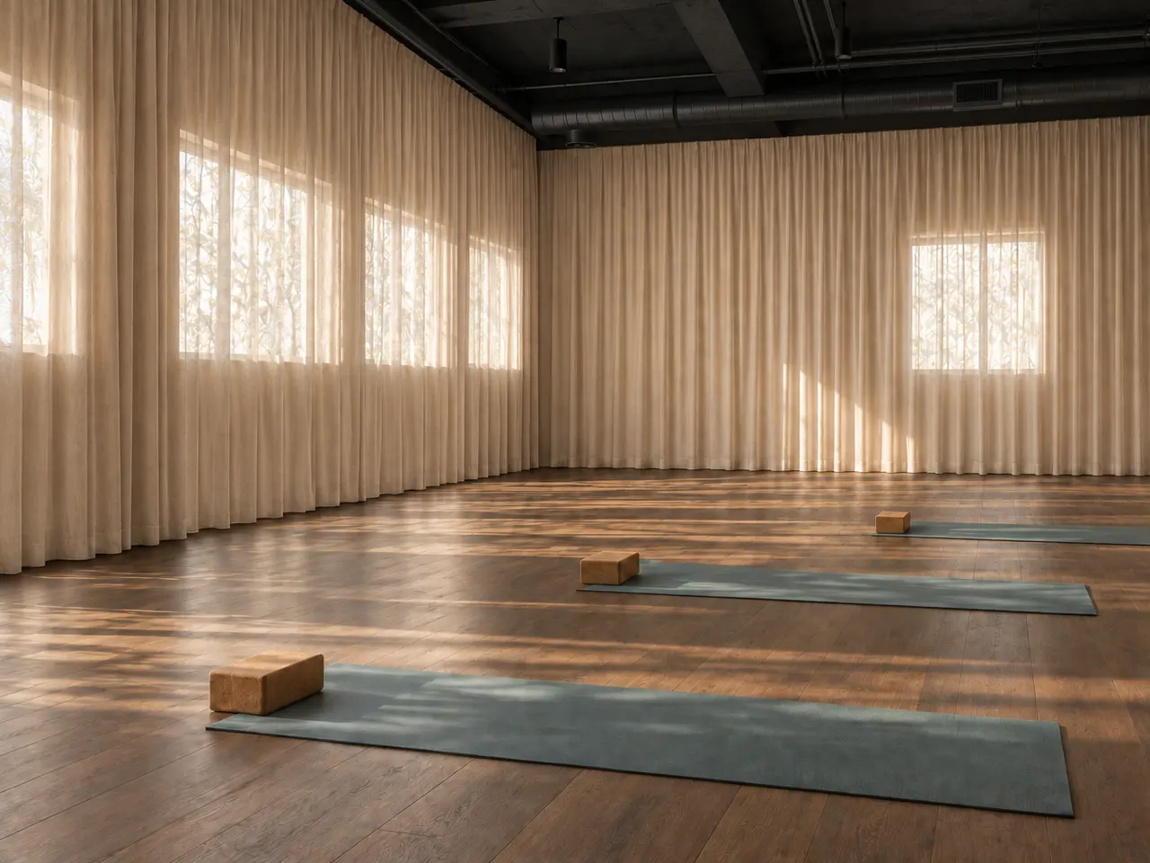 Konzeptvisualisierung: Yogamatten auf dunklem Holzboden, umlaufende Vorhänge vor hüfthoch beginnenden Fenstern und eine schwarze Industriedecke mit sichtbaren Lüftungsrohren.