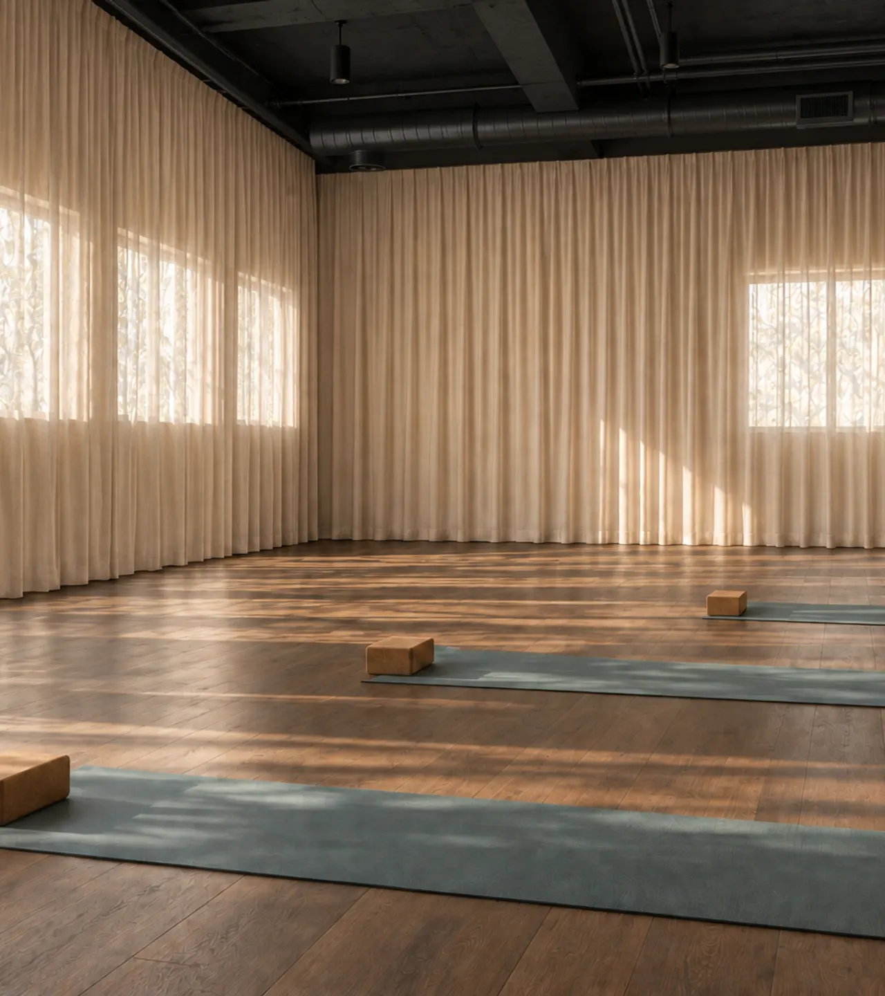 Konzeptvisualisierung eines Yogaraums mit dunklem Holzboden, hüfthoch beginnenden Fenstern hinter hellen Vorhängen und schwarzer Industriedecke.